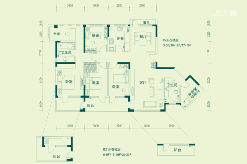 昊海·梧桐1期B2户型3-5F、10-12F、17-19F-4室2厅2卫1厨建筑面积182.28平米