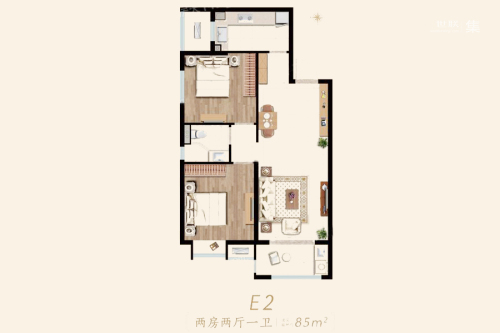 中海桃源里项目3#E2户型-2室2厅1卫1厨建筑面积85.00平米