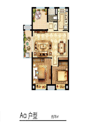 上海派IIAa户型-2室2厅1卫1厨建筑面积78.00平米