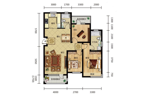 富禹·依云美域B6户型-3室2厅2卫1厨建筑面积115.00平米