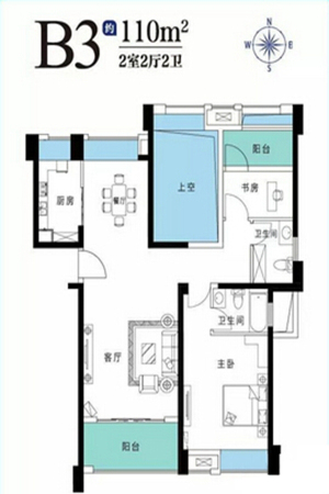 中交和美新城B3户型-2室2厅2卫1厨建筑面积110.00平米