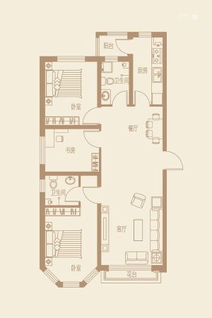龙跃·金水湾13#A1户型-3室2厅2卫1厨建筑面积107.52平米