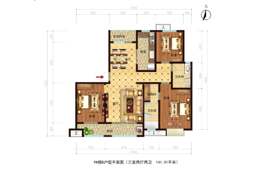 丽阳小区9#B户型-3室2厅2卫1厨建筑面积141.01平米