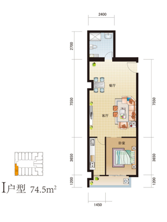 尚峰汇标准层I户型-1室1厅1卫1厨建筑面积74.50平米