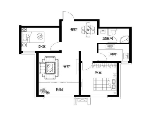 恒盛豪庭嘉境组团B2户型-2室2厅1卫1厨建筑面积88.00平米
