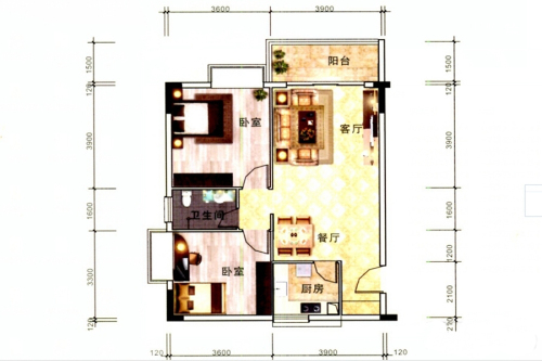 恒华新城一期1-4#楼标准层A1户型-2室2厅1卫1厨建筑面积83.78平米