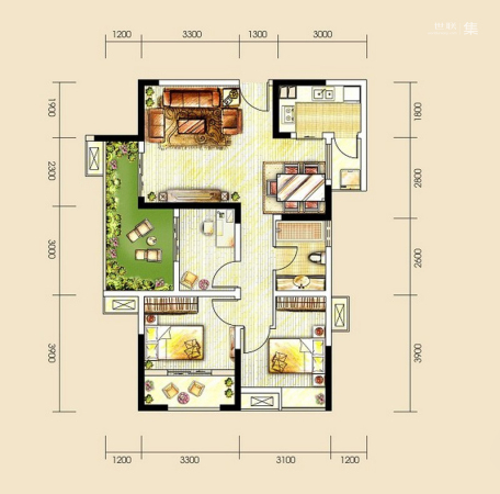 世茂城二期28栋标准层G1户型-3室2厅1卫1厨建筑面积89.00平米