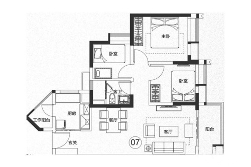 保利紫云B1-07户型-3室2厅1卫1厨建筑面积89.65平米
