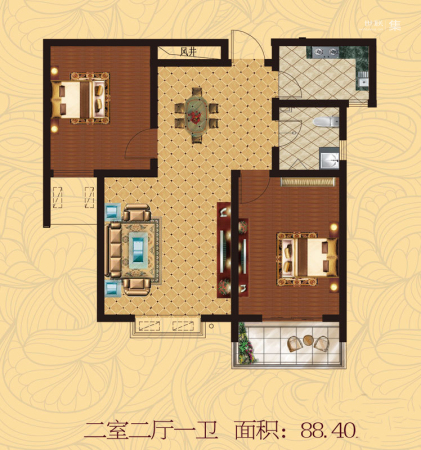 尚河明珠C户型-2室2厅1卫1厨建筑面积88.40平米