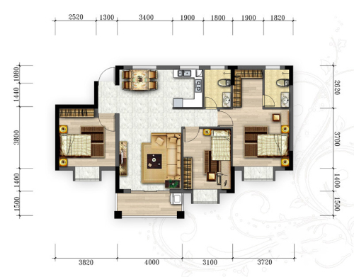 半岛水岸花园一期2#楼B1户型-3室2厅2卫1厨建筑面积115.91平米