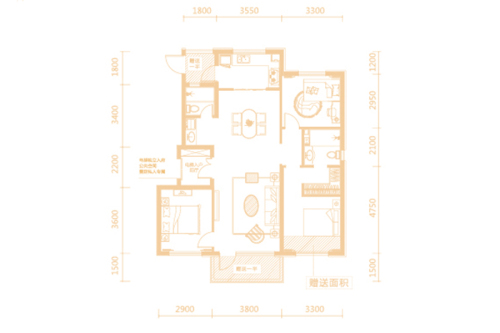 金石小镇洋房108平户型-3室2厅2卫1厨建筑面积108.00平米