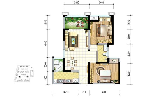 绿岛筑11、12号楼H1户型标准层-2室2厅1卫1厨建筑面积79.14平米