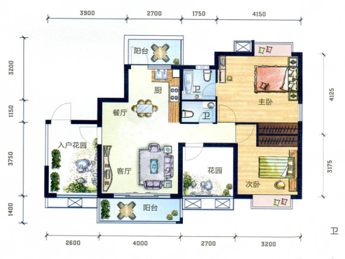 丽水南珠花园二期二期C1户型-2室2厅2卫1厨建筑面积87.96平米
