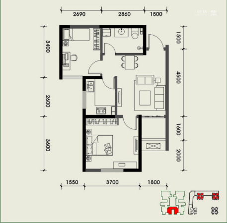 经发新北居1-4号楼C4户型-2室2厅1卫1厨建筑面积62.04平米
