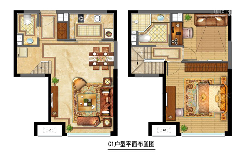 金地中心菁华C1户型-2室2厅2卫1厨建筑面积56.00平米