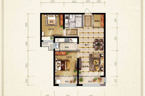 保利花园商铺B区标准层B2户型-2室2厅1卫1厨建筑面积91.00平米