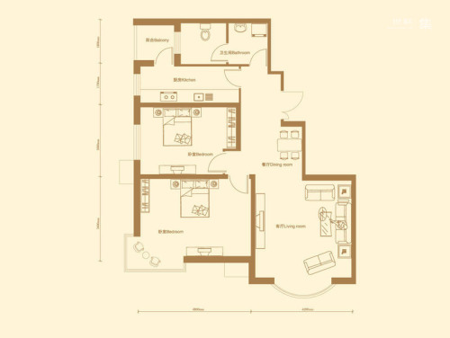 京洲世家C户型-2室2厅2卫1厨建筑面积92.02平米