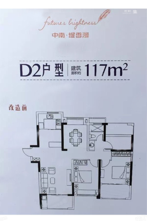 中南缇香漫项目D2户型-3室2厅1卫1厨建筑面积117.00平米
