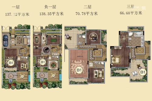 通宇林语山墅项目B1户型图-9室4厅5卫1厨建筑面积412.93平米