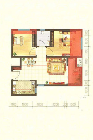 香榭水岸B户型-2室2厅1卫1厨建筑面积64.00平米