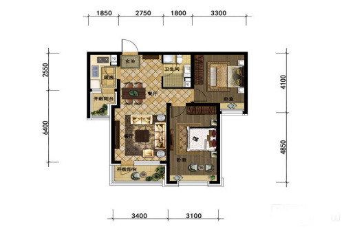 颐和城4#3-18层东侧89平户型-2室2厅1卫1厨建筑面积89.00平米