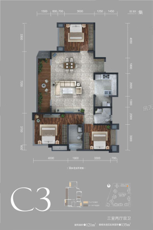 融创观玺台1-7栋标准层C3户型-3室2厅2卫1厨建筑面积121.00平米