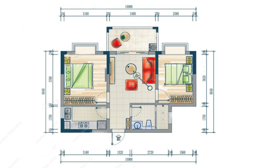 鑫海大厦D户型-2室1厅1卫1厨建筑面积70.76平米