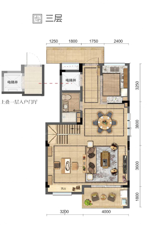 远洋雁归里叠墅E1户型三层-4室3厅3卫1厨建筑面积134.00平米