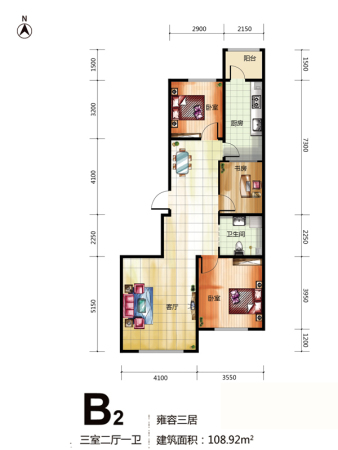龙城御苑B2户型户型-3室2厅1卫1厨建筑面积108.92平米