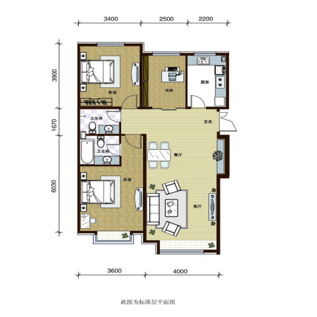 第一城H户型-3室2厅2卫1厨建筑面积108.65平米