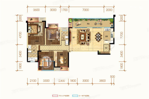 绿地新里城2-11栋标准层1、4号房B1户型-4室2厅2卫1厨建筑面积140.00平米
