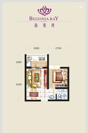 海棠湾6号楼D户型-1室2厅1卫1厨建筑面积37.58平米