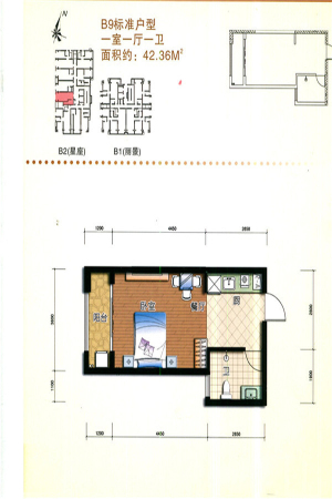 第五街二期二期B栋标准层B9户型-1室1厅1卫1厨建筑面积42.36平米