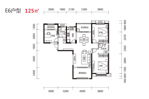 伟业公馆E6户型-3室2厅2卫1厨建筑面积125.00平米