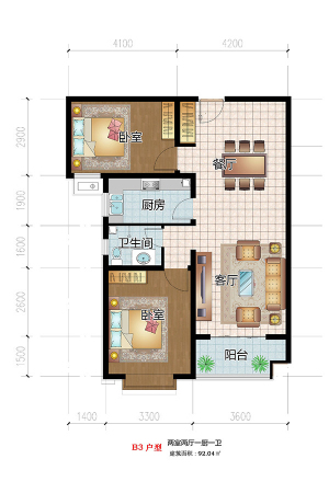 祥云·岸芷汀兰一期2号楼标准层B3户型-2室2厅1卫1厨建筑面积92.04平米
