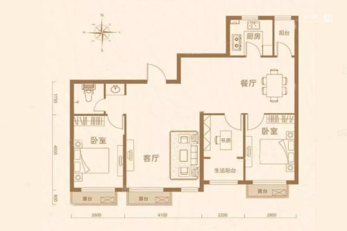 汇锦香槟湾10#B户型-3室2厅1卫1厨建筑面积111.09平米