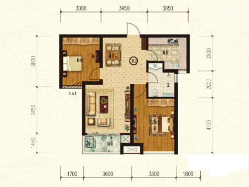 天宁小筑3#标准层B2户型-2室2厅1卫1厨建筑面积89.06平米