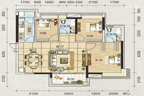 海天瑶A2户型-3室2厅2卫1厨建筑面积91.00平米