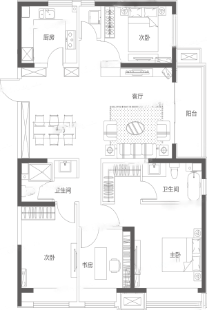 华润中心170801-悦府C户型160㎡-4室2厅2卫1厨建筑面积160.00平米