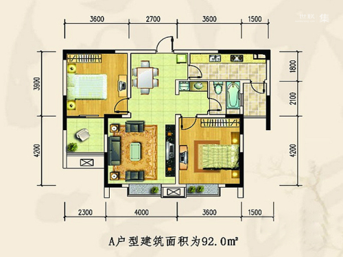 金盛田·锦上一期1、2、3#标准层A户型-2室2厅1卫1厨建筑面积92.00平米