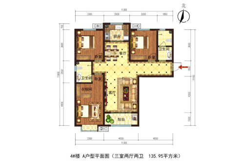 丽阳小区4#A户型-3室2厅2卫1厨建筑面积135.95平米