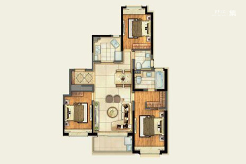 绿地海珀玉晖B户型-3室2厅2卫1厨建筑面积140.00平米
