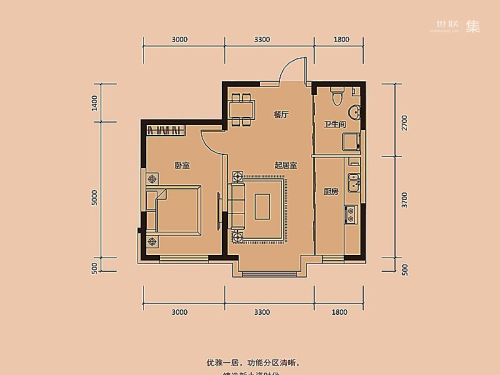 新星宇和源二期塞纳34#-05户型-1室2厅1卫1厨建筑面积60.44平米