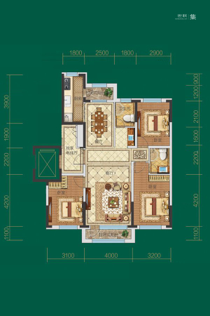 龙腾香格里J户型122平-3室2厅2卫1厨建筑面积122.00平米