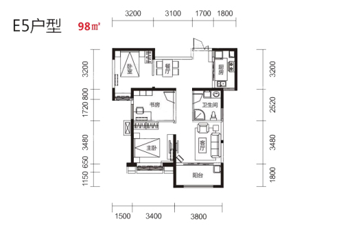伟业公馆E5户型-3室2厅1卫1厨建筑面积98.00平米