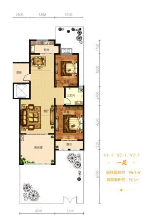 奥冠水悦龙庭洋房一层155平户型-2室2厅1卫1厨建筑面积155.00平米