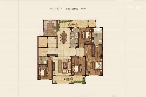 高科紫微堂项目198平B1-2户型-4室2厅4卫1厨建筑面积198.00平米