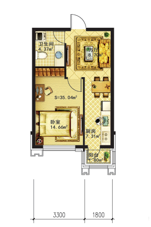 好人家5号楼使用面积35.04平米-1室1厅1卫1厨建筑面积56.06平米
