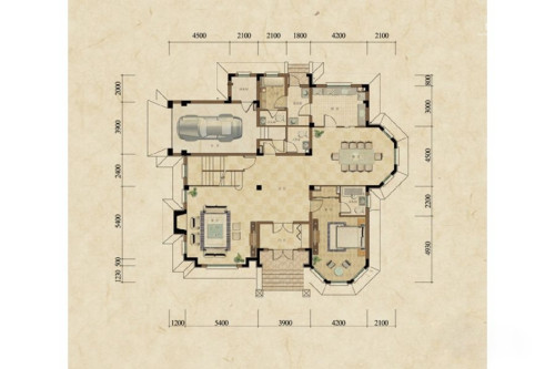方迪山庄B3户型一层平面图-6室4厅2卫1厨建筑面积308.00平米