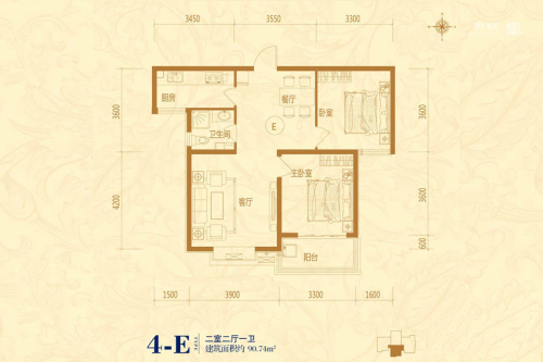 良城国际三期4#标准层E户型-2室2厅1卫1厨建筑面积90.74平米